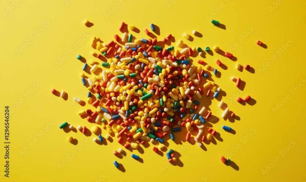Poster artistic flat lay of colorful sprinkles scattered on a bright yellow surface, illuminated by soft na