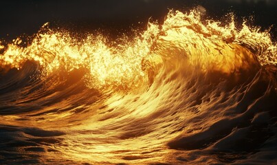 Golden sunset waves crashing onto the shore, illuminating ocean beauty.