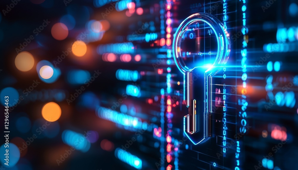 Poster a digital key symbol amidst glowing data streams, representing cybersecurity and encryption in a hig
