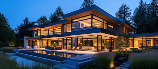 Night view of a illuminated luxurious exterior modern house. AI generated image