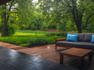 Relaxing view from a cozy porch on a rainy day in a lush green landscape