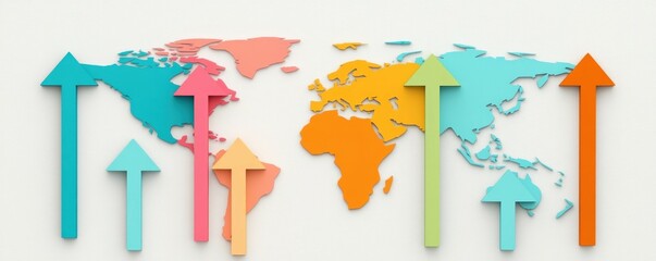 Obraz premium A colorful world map features upward arrows, symbolizing growth and progress in various regions.