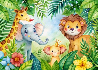 Naklejka premium Kids Watercolor Frame with Funny Animals: Elephant, Giraffe, Lion in Tropical Leaves - Perfect for Children's Menu, Party Invitation, or Announcement