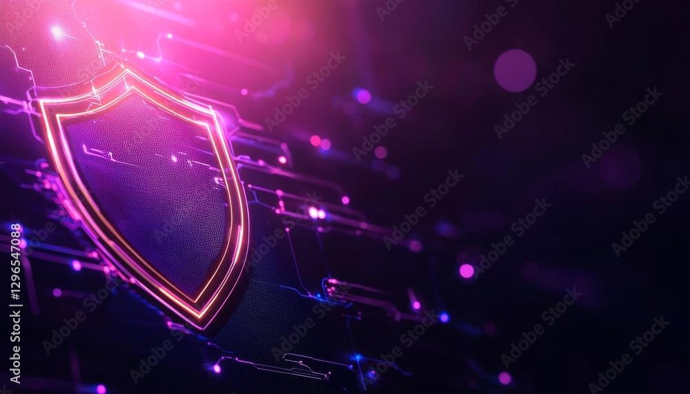 Poster a vibrant digital shield icon with glowing edges, set against a dark background filled with abstract