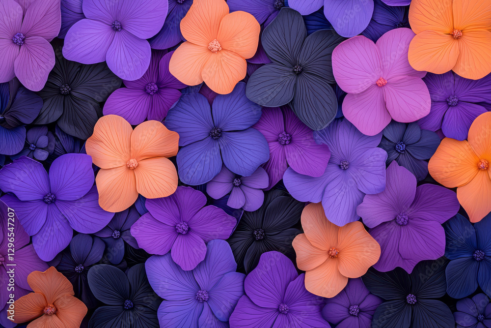 Poster abstract overhead display of purple and orange blooms arranged in a swirling pattern, subtle glow,