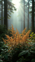 Fototapeta premium Sunlit Orange Ferns Amidst Misty Forest Scene – Serene Nature Photography