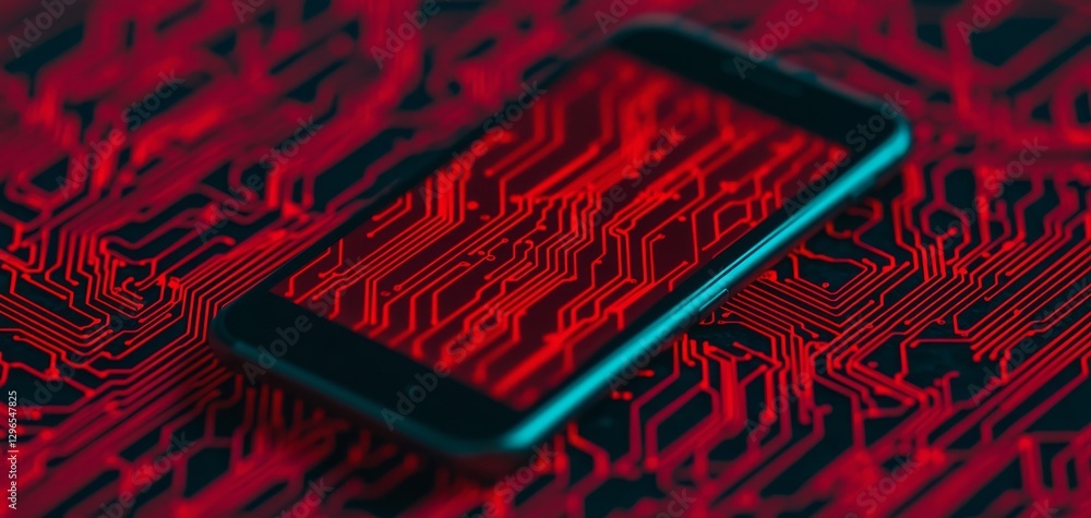 Aufkleber a smartphone rests on a vibrant red circuit board, showcasing a modern tech aesthetic with intricate