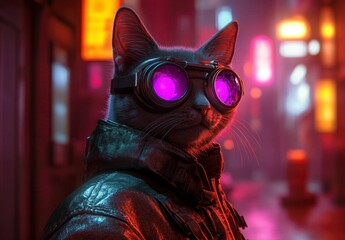 Futuristic Cat in Goggles with Neon Background in Cyberpunk City