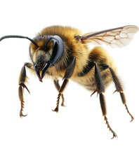 Close-up of a detailed honeybee showcasing its intricate features and vibrant colors. Isolated on transparent white background, png	
