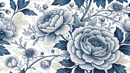 a beautiful vintage floral pattern in shades of blue, with elegant and detailed blooms, perfect for textile designs and backgrounds.