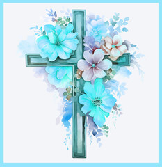 Easter cross with watercolor flowers on a white background and turquoise frame. Religious floral illustration for Easter. Christian, Baptism, and First Communion Designs.
