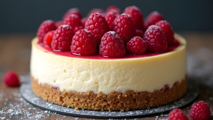 A classic New York style cheesecake with a graham cracker crust topped with fresh raspberries.