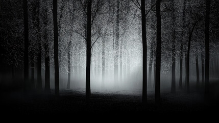 Obraz premium A dark, misty forest scene where silhouettes of trees create an eerie atmosphere, inviting a sense of mystery and intrigue.