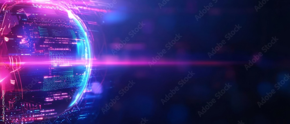 Poster a vibrant digital representation of a globe with neon colors and data streams, symbolizing technolog