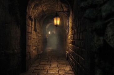 Fototapeta premium Mysterious Stone Corridor with Lanterns and Fog in Dark Atmosphere
