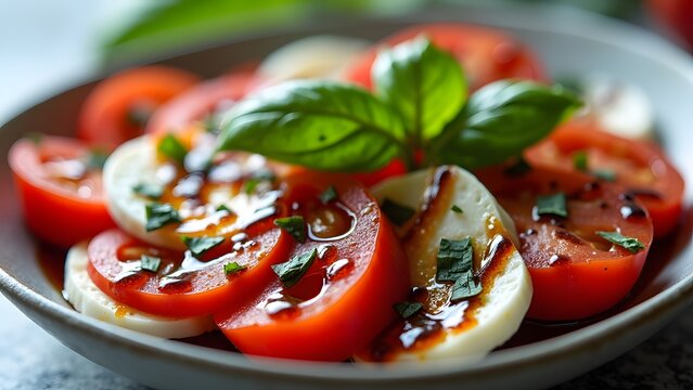 A fresh caprese salad with ripe tomatoes mozzarella slices and basil drizzled with balsamic glaze.