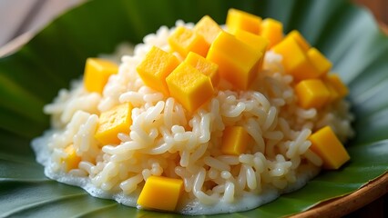 A fresh mango sticky rice dessert with sweet coconut milk served on a banana leaf.