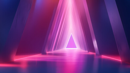 A stylized environment with a glowing triangle door, offset by fast-moving beams in pink, purple,. Luminous Cosmic Cathedral. Illustration