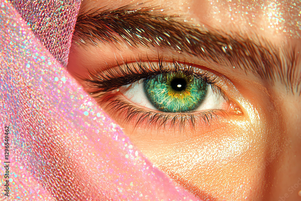 Poster dreamlike close-up capturing an intense gaze through overlapping translucent arcs, strong lighting