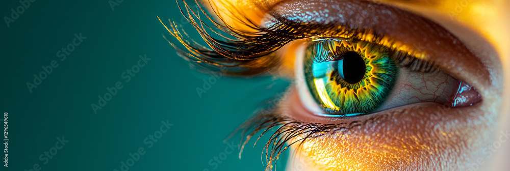 Poster minimal macro design where a luminous curve partially reveals the eyeâ€™s vibrant color, refined