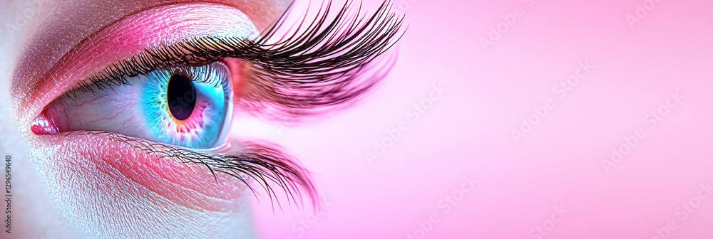 Poster minimal macro design where a luminous curve partially reveals the eyeâ€™s vibrant color, refined
