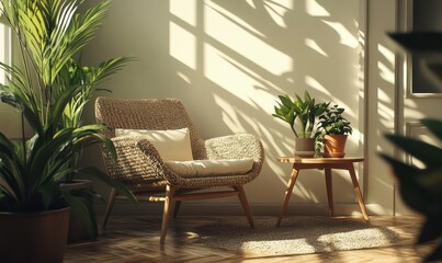 Fototapeta premium Cozy corner with a woven armchair, a small wooden table, and potted plants, basking in warm natural light.
