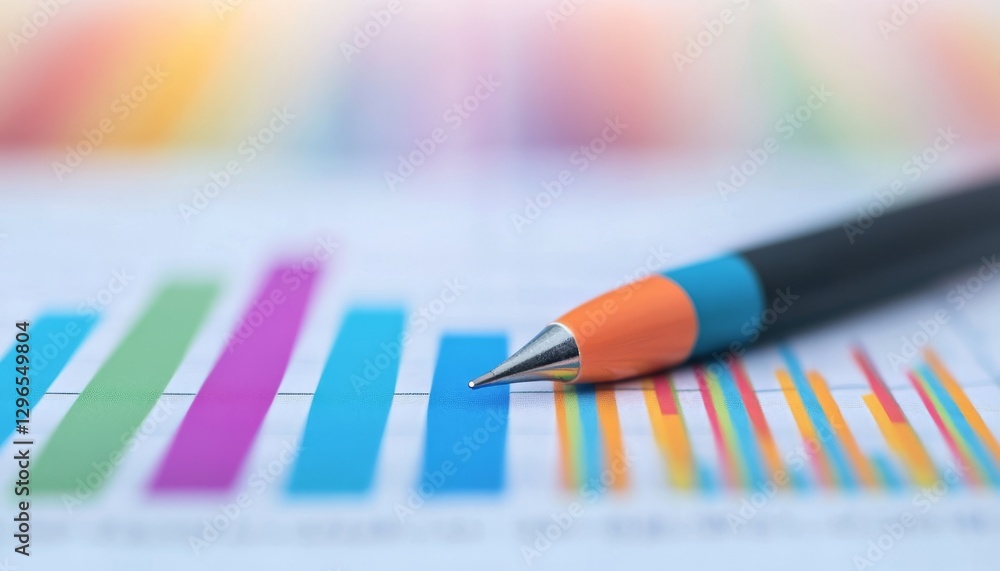 Poster a vibrant graph with colorful bars and a pen, illustrating data analysis and trends in a professiona