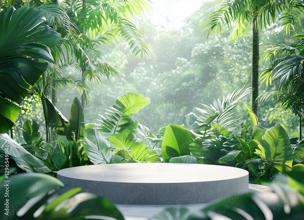 Fototapete 3D rendering of a marble podium with tropical leaves on a green and beige background for product presentation, mock-up design template, empty space for text