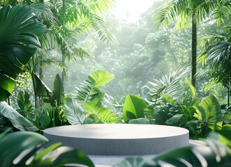 3D rendering of a marble podium with tropical leaves on a green and beige background for product presentation, mock-up design template, empty space for text