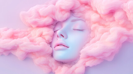 Naklejka premium Surreal layered design where airy cloud-like strands radiate from a placid stone face, pastel color