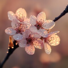 Delicate Cherry Blossom Flowers with Water Droplets in Soft Light