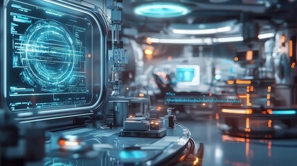 Fototapeta premium A futuristic healthcare center providing affordable care with glowing holographic medical tools, Healthcare access, SciFi, Clean and sterile