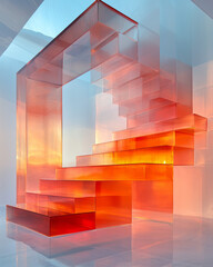 Large-scale glass block installation shimmering in bold orange and aqua swirls, cinematic