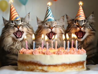 Celebration with three happy cats wearing party hats enjoying a birthday cake with candles