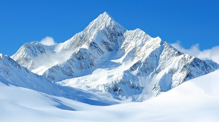 Naklejka premium Snowy mountain peak, alps, winter landscape, sunny day, travel poster