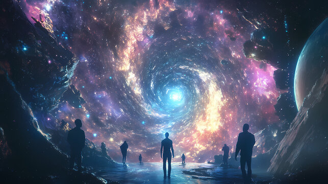 Celestial gathering: mystical figures in a cosmic cathedral. Luminous Cosmic Cathedral. Illustration