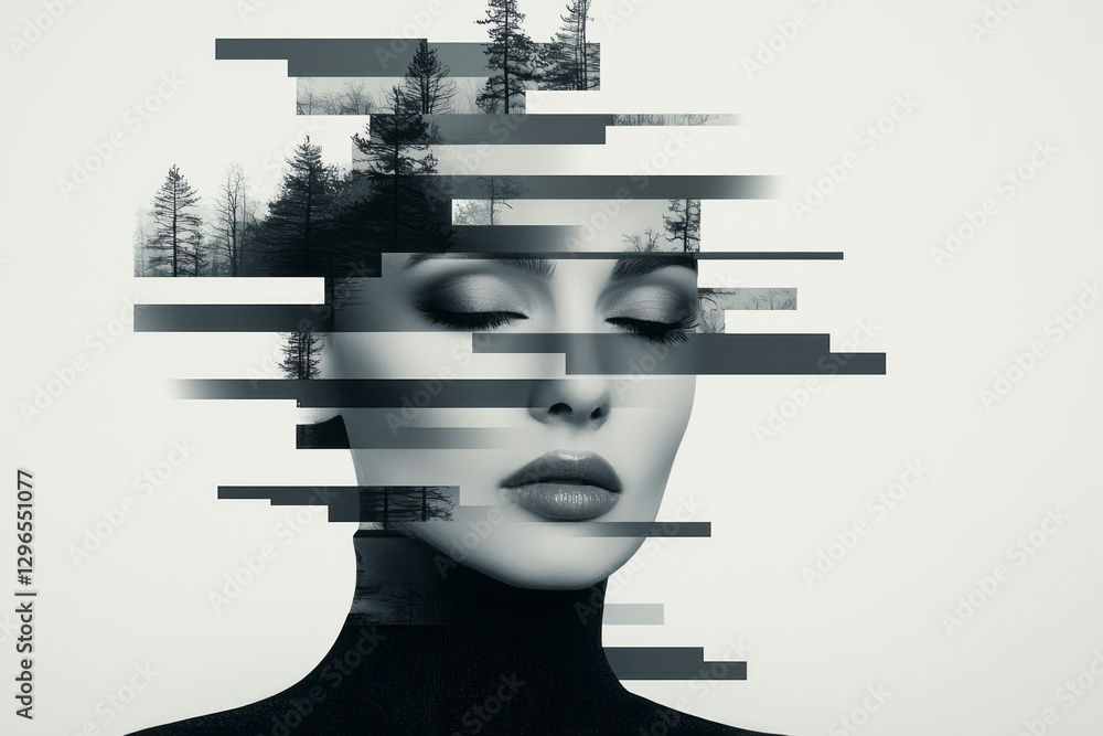 Poster moody bust view capturing the womanâ€™s calm expression as translucent geometric elements float