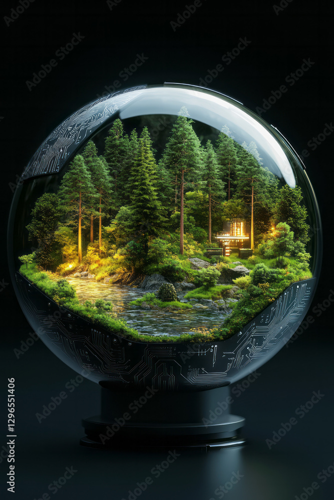 Aufkleber futuristic circuit board intertwining with a reflective sphere displaying a lush forest landscape,