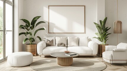 Minimalist Living Room Design with White Sofa and Tropical Plants