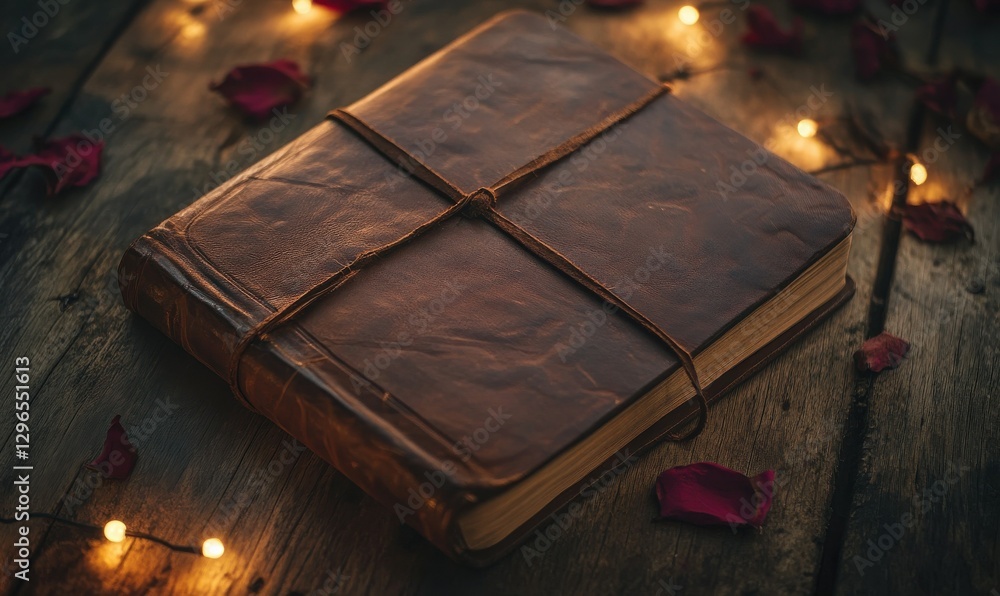 Poster elegant leather-bound book resting on a rustic wooden surface, illuminated by soft warm light, creat