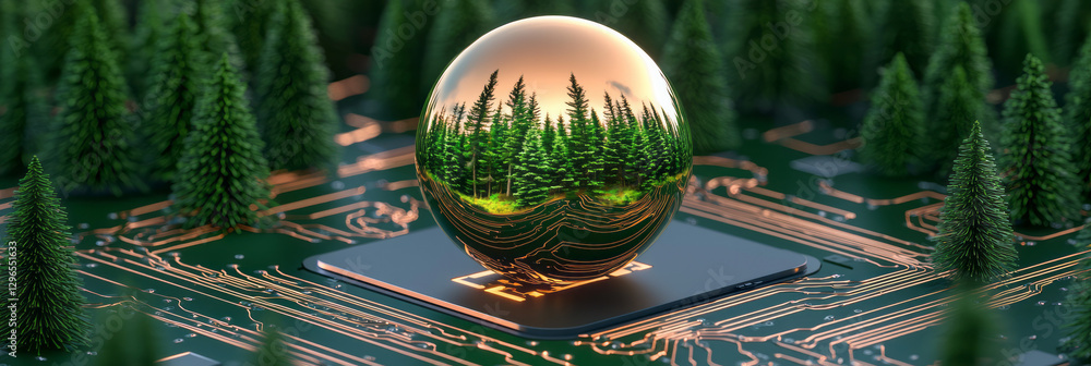 Poster minimalistic layout of a circuit board with a single glossy orb reflecting pine trees, strong
