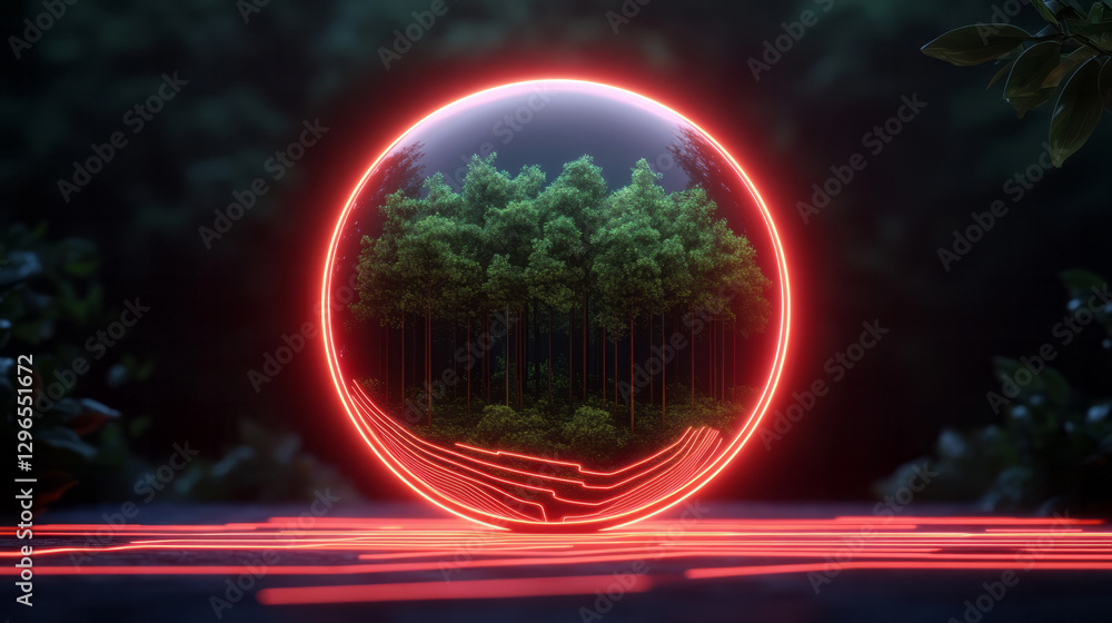 Poster bold editorial approach, circuit traces in bright neon lines converging on a spherical mirror
