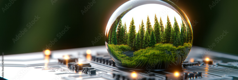 Poster minimalistic layout of a circuit board with a single glossy orb reflecting pine trees, strong