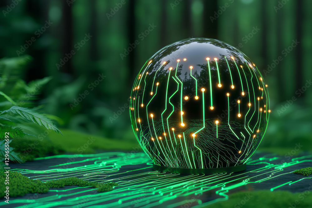 Aufkleber hypnotic perspective focusing on a large reflective orb embedded in circuit patterns, vivid green