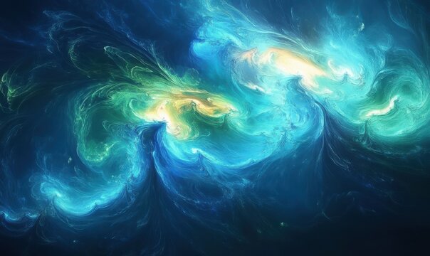 Artistic glowing abstract painting with dynamic blue and green swirls, softly illuminated to emphasize depth and texture