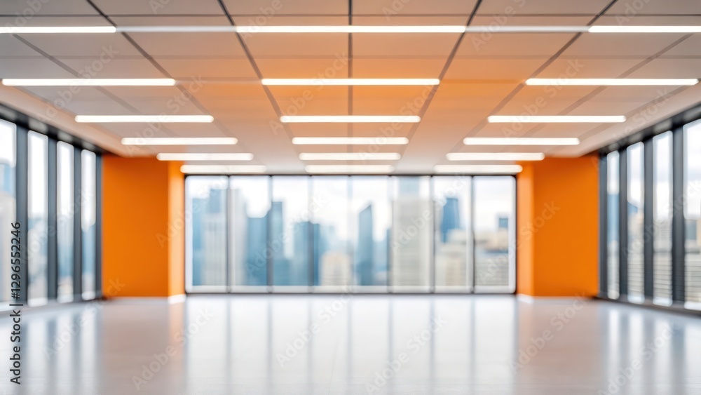 Poster an empty, modern office space with a bright, open feel and a large window view. the space features c