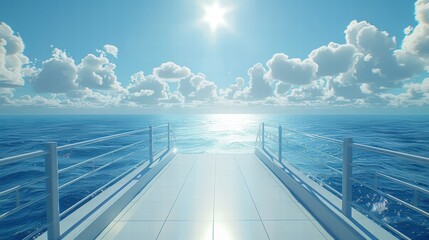 Serene Ocean View with Bright Sun and Fluffy Clouds Above Water