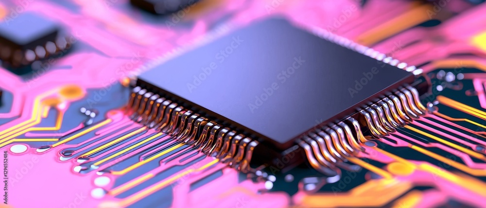 Poster a close-up view of a microchip on a colorful circuit board, showcasing intricate patterns and connec