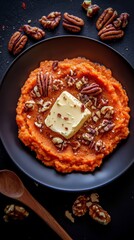 Sweet potato puree topped with nuts and butter creates a rich and flavorful dish perfect for any meal