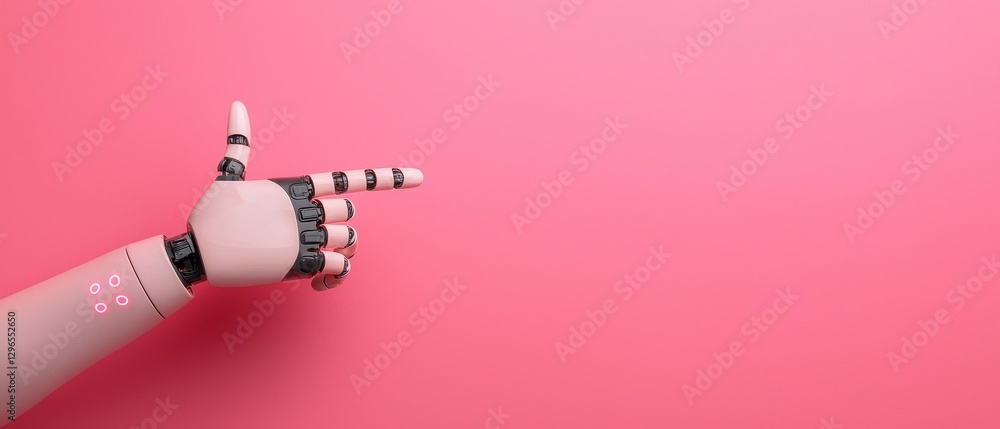 Poster a robotic hand points towards the right on a vibrant pink background, showcasing technology and inno